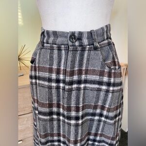 Grey Check Plaid Modest A-Line Midi Maxi Frayed Hem Tailored Structured Skirt XS